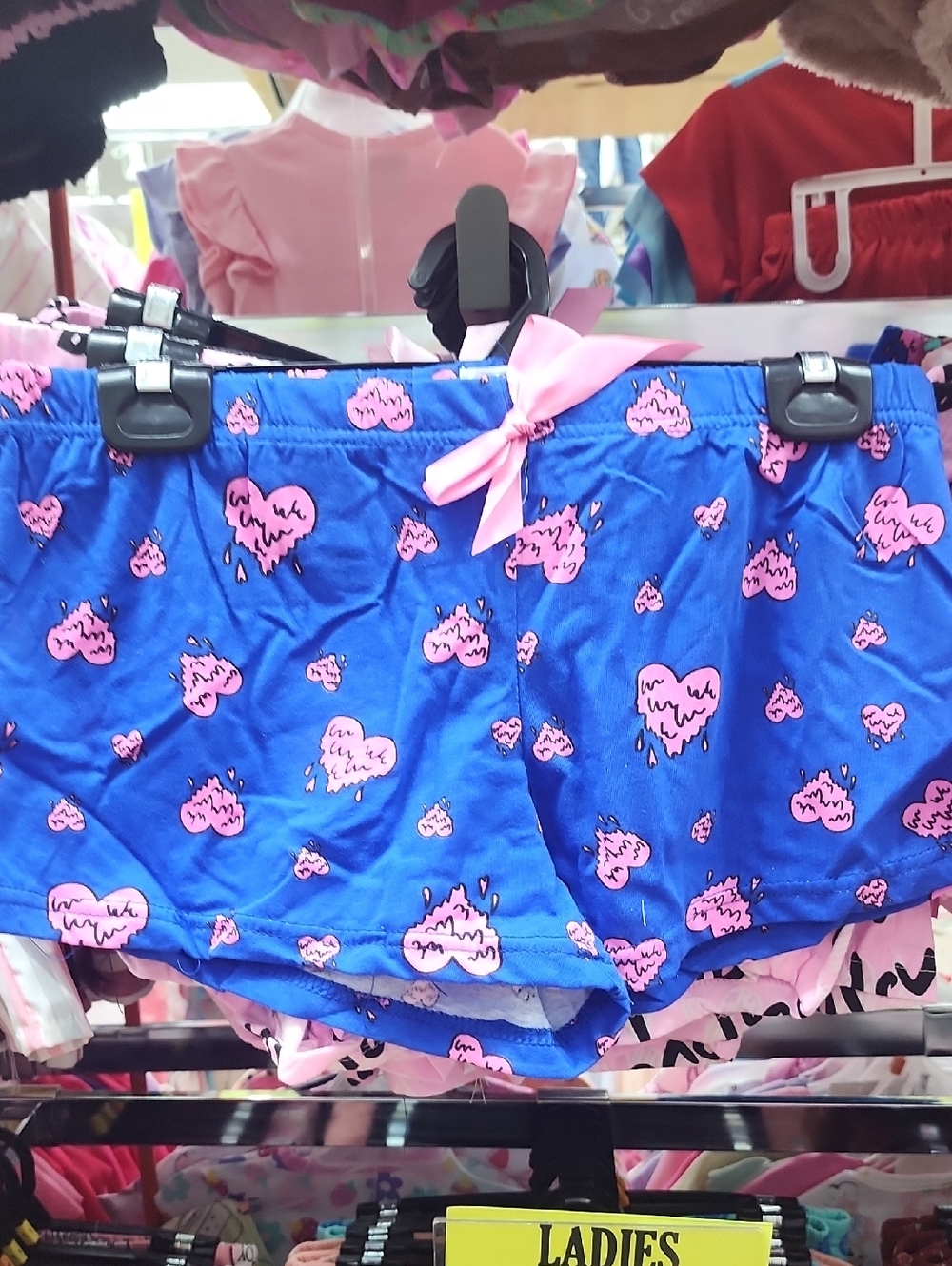 Blue Ladies' Boxer Shorts with Pink Heart Print and Bow